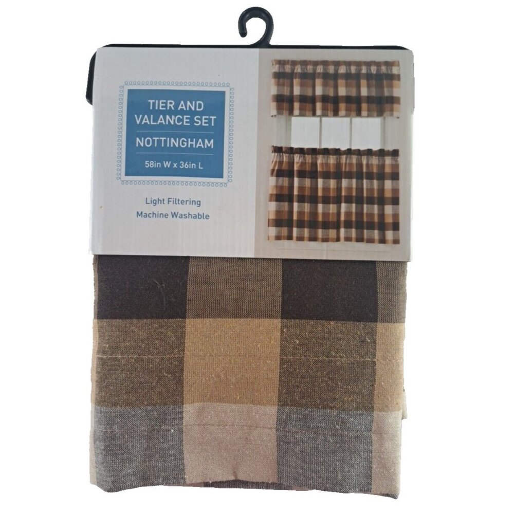 NEW Plaid Curtain Tier & Valance Set 3 Pc Kitchen Nottingham Arlee Brown Gray